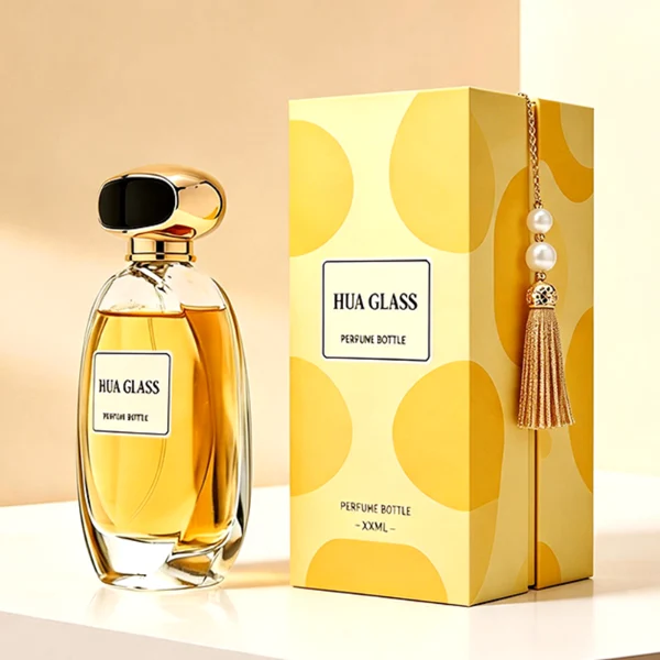 a globular curved clear glass perfume bottle features an oval silhouette with a heavy base, paired with a smooth, pebble-shaped plastic cap available in glossy solid black with a ribbed gold collar, or a flat-oval black design encased in a gold border.