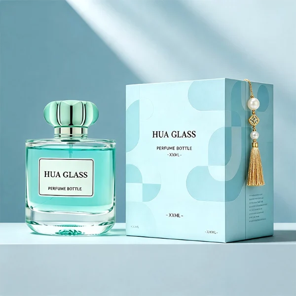 Based on the text description for image_128ca8.png, a clear square glass perfume bottle features rounded shoulders and a substantial, thick glass base, paired with a uniquely styled plastic cap available in pink-and-silver or blue-and-silver accents.