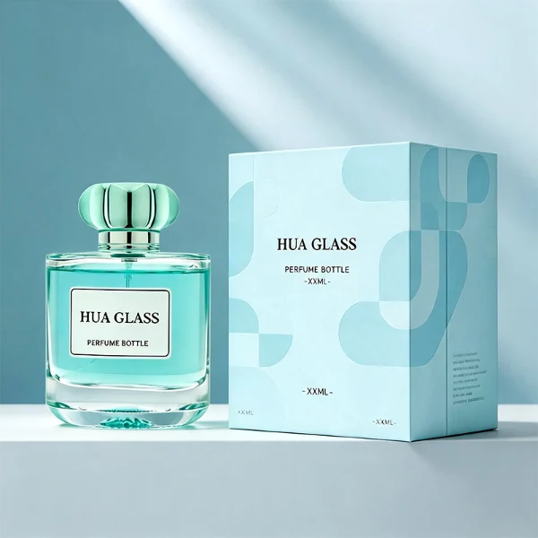 Based on the text description for image_128ca8.png, a clear square glass perfume bottle features rounded shoulders and a substantial, thick glass base, paired with a uniquely styled plastic cap available in pink-and-silver or blue-and-silver accents.