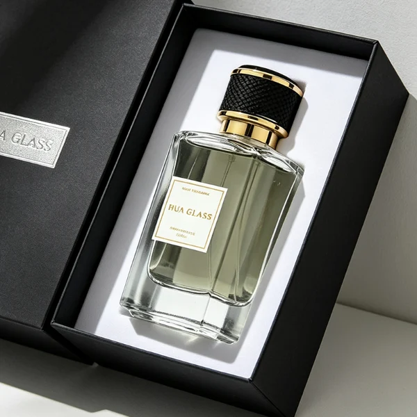a clear rectangular glass perfume bottle features rounded shoulders and a thick square base, paired with a textured cylindrical plastic cap detailed with a micro-diamond knurled pattern and bordered by shiny gold metallic trim, available in black-and-gold or brown-and-gold finishes.