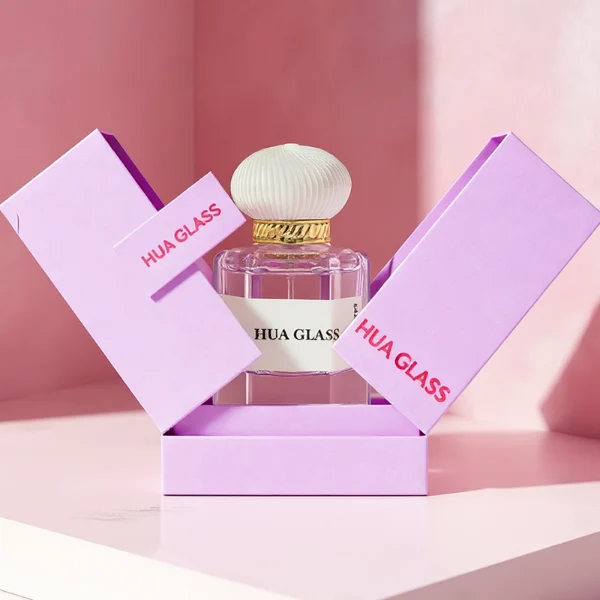 a hexagonal perfume bottle crafted from semi-translucent purple glass features a structured angular silhouette, paired with a pebble cobblestone-shaped plastic cap. The cap is available as either a smooth glossy black or a textured, vertically-ribbed matte white dome, both sitting atop an elegant, braided metallic gold collar.