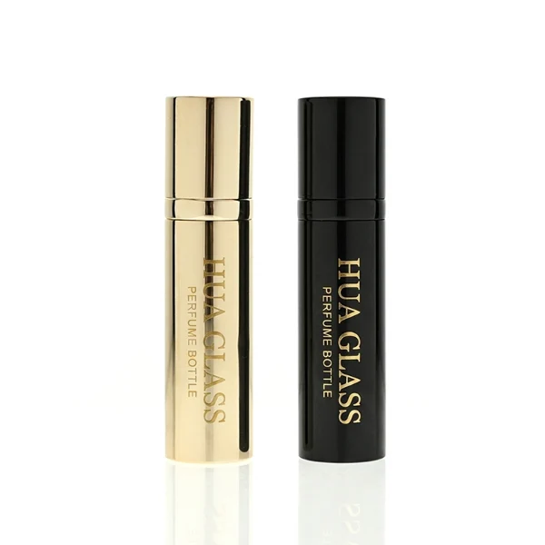 a sleek and ultra-slim 10ml travel-sized cylindrical perfume atomizer bottle features a seamless all-metallic exterior, paired with a matching magnetic cylindrical cap, presented in a high-gloss polished gold finish and a glossy solid black finish.
