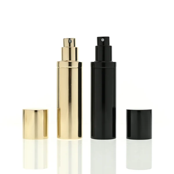 a sleek and ultra-slim 10ml travel-sized cylindrical perfume atomizer bottle features a seamless all-metallic exterior, paired with a matching magnetic cylindrical cap, presented in a high-gloss polished gold finish and a glossy solid black finish.