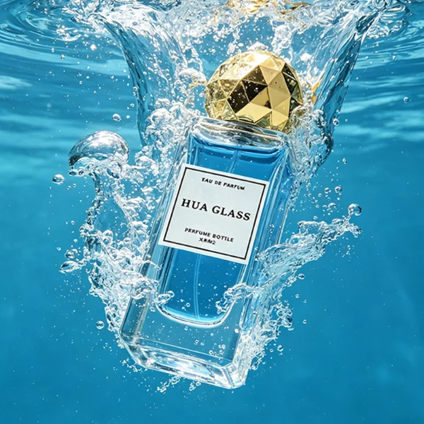 a collection of tall, thick-walled rectangular clear glass perfume bottles in various sizes is paired with a striking, multi-faceted geometric spherical ball cap featuring a disco-ball style design, available in polished metallic gold or silver finishes.