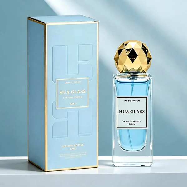 a collection of tall, thick-walled rectangular clear glass perfume bottles in various sizes is paired with a striking, multi-faceted geometric spherical ball cap featuring a disco-ball style design, available in polished metallic gold or silver finishes.