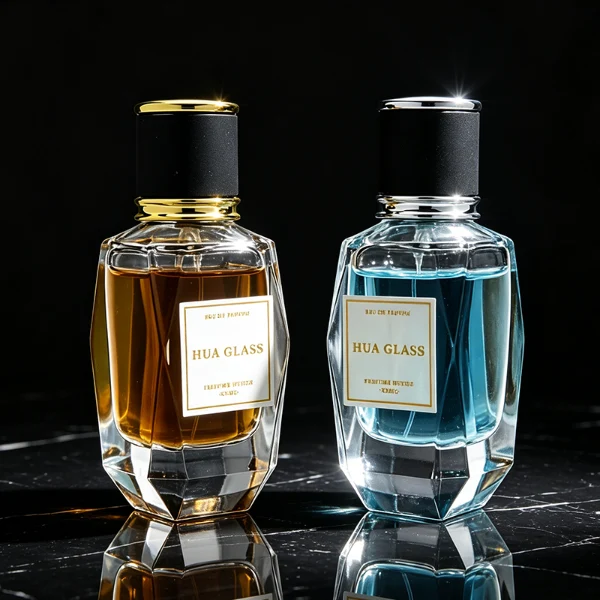 a classic rectangular clear glass perfume bottle with a heavy, thick base and faceted edges is paired with a matte black cylindrical cap. The cap is bordered at the top and bottom by a polished metallic ring, available in a bright gold or silver finish.