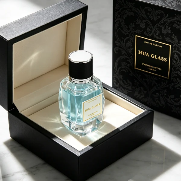 a classic rectangular clear glass perfume bottle with a heavy, thick base and faceted edges is paired with a matte black cylindrical cap. The cap is bordered at the top and bottom by a polished metallic ring, available in a bright gold or silver finish.