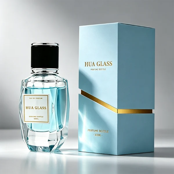 a classic rectangular clear glass perfume bottle with a heavy, thick base and faceted edges is paired with a matte black cylindrical cap. The cap is bordered at the top and bottom by a polished metallic ring, available in a bright gold or silver finish.