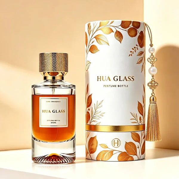 Two cylindrical glass perfume bottles: the left is finished in frosted white glass holding a green liquid, and the right is clear glass with a sunburst-grooved base holding an amber liquid. Both are paired with a heavy cylindrical metallic gold Zamac cap textured with a micro-diamond knurled pattern.