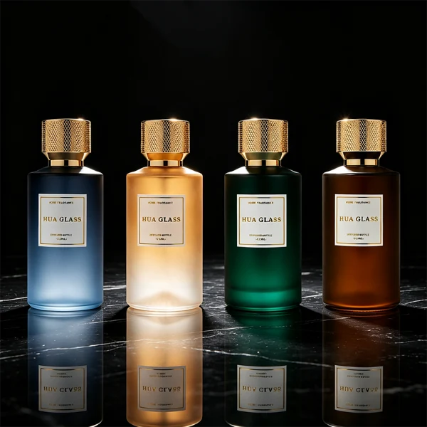 Two cylindrical glass perfume bottles: the left is finished in frosted white glass holding a green liquid, and the right is clear glass with a sunburst-grooved base holding an amber liquid. Both are paired with a heavy cylindrical metallic gold Zamac cap textured with a micro-diamond knurled pattern.