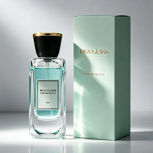 Two tall, thick-bottomed rectangular clear glass perfume bottles with rounded corners, each featuring a custom branded logo label on the front panel and filled with premium fragrance liquid. Both bottles are topped with a unique trumpet-shaped cap, which features a polished gloss black side body and a flat circular top completely covered in a polished metallic gold layer.