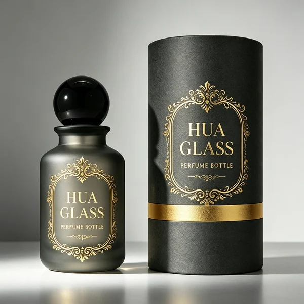 A lineup of four cylindrical frosted glass perfume bottles in matte shades of blue, orange, dark grey, and green. Each bottle is paired with a matching large spherical ball cap featuring a glossy, marbled stone texture in deep blue, amber brown, black, and forest green.