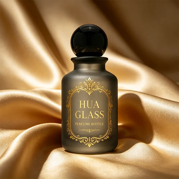 A lineup of four cylindrical frosted glass perfume bottles in matte shades of blue, orange, dark grey, and green. Each bottle is paired with a matching large spherical ball cap featuring a glossy, marbled stone texture in deep blue, amber brown, black, and forest green.