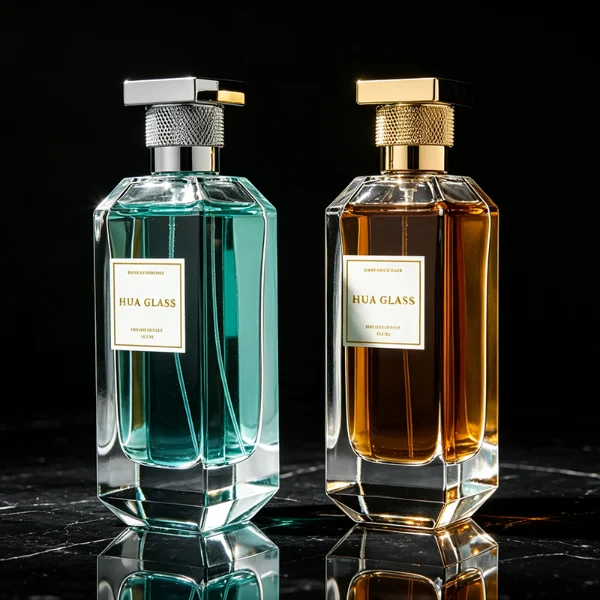 Two tall, thick-bottomed rectangular clear glass perfume bottles with beveled corners, containing amber and light green liquids. Both bottles feature an inset front panel for labeling and are paired with unique cylindrical caps featuring a textured diamond-knurled collar and a smooth, flat square top, shown in polished gold and metallic silver finishes.