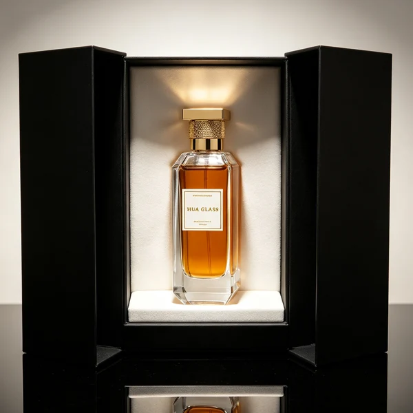 Two tall, thick-bottomed rectangular clear glass perfume bottles with beveled corners, containing amber and light green liquids. Both bottles feature an inset front panel for labeling and are paired with unique cylindrical caps featuring a textured diamond-knurled collar and a smooth, flat square top, shown in polished gold and metallic silver finishes.