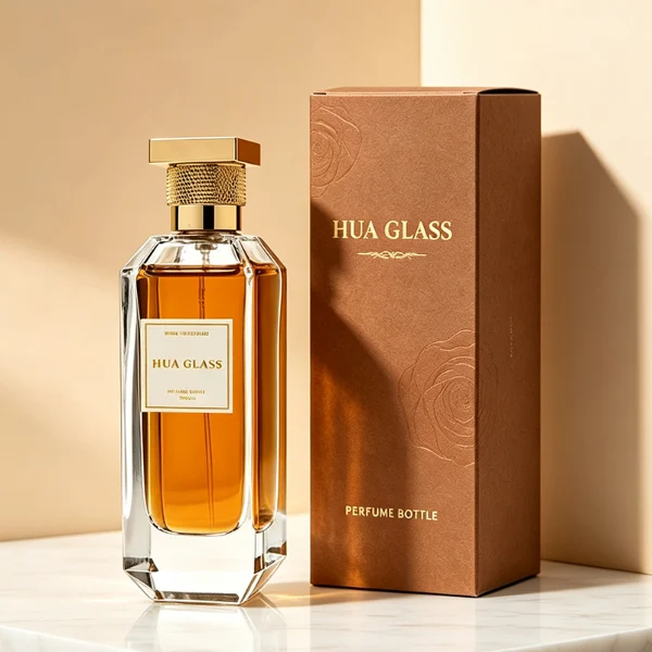 Two tall, thick-bottomed rectangular clear glass perfume bottles with beveled corners, containing amber and light green liquids. Both bottles feature an inset front panel for labeling and are paired with unique cylindrical caps featuring a textured diamond-knurled collar and a smooth, flat square top, shown in polished gold and metallic silver finishes.