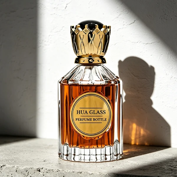 Two clear glass perfume bottles with vertical ridges, sloped shoulders, and a smooth circular inset on the front panel, holding amber and vibrant pink liquids. Both bottles are crowned with ornate, high-shine golden crown-motif caps topped with a glossy black domed center.