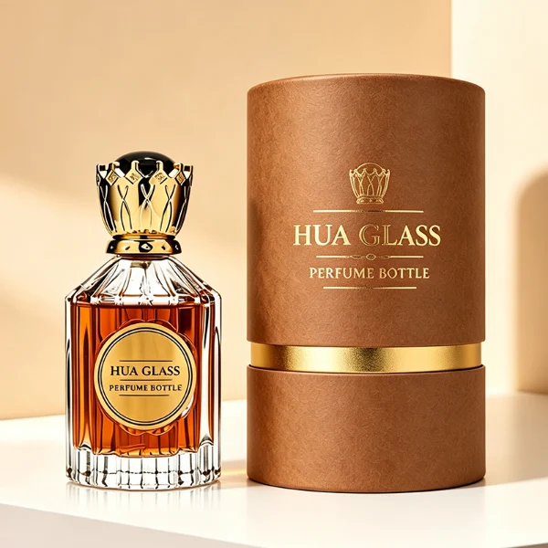 Two clear glass perfume bottles with vertical ridges, sloped shoulders, and a smooth circular inset on the front panel, holding amber and vibrant pink liquids. Both bottles are crowned with ornate, high-shine golden crown-motif caps topped with a glossy black domed center.