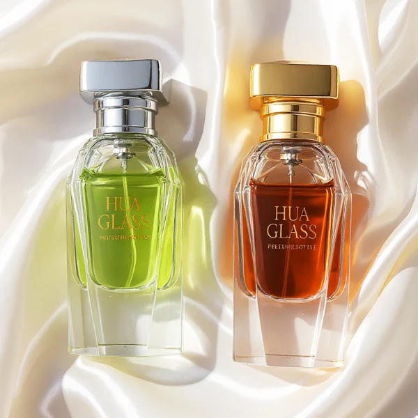Two clear glass perfume bottles featuring prominent multi-faceted angular geometric sides and thick clear bases, holding light green and amber liquids. The bottles are topped with a heavy, polished Zamac cube cap with stepped detailing at the collar, shown in high-shine chrome silver and brilliant polished gold finishes.
