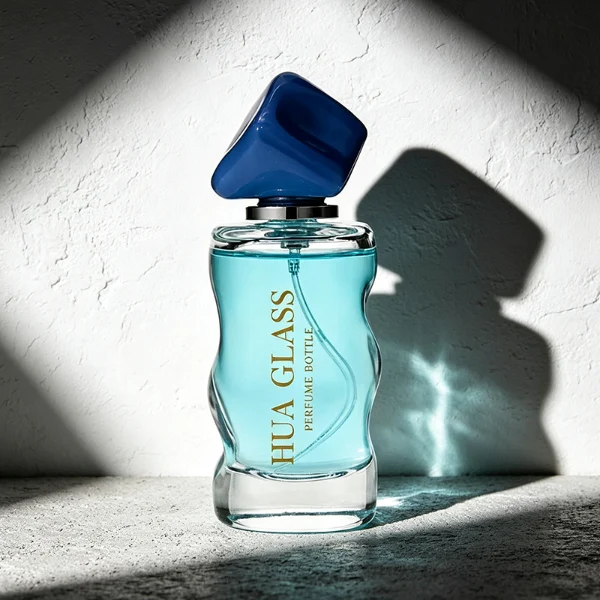 A lineup of four clear glass perfume bottles featuring unique, wave-curved organic sides and heavy transparent bases. The bottles are filled with yellow, pink, light blue, and amber liquids, each topped with an asymmetrical, abstract artistic cap resembling a tumbled stone or distorted cube in glossy mustard yellow, light grey, periwinkle blue, and solid black finishes.