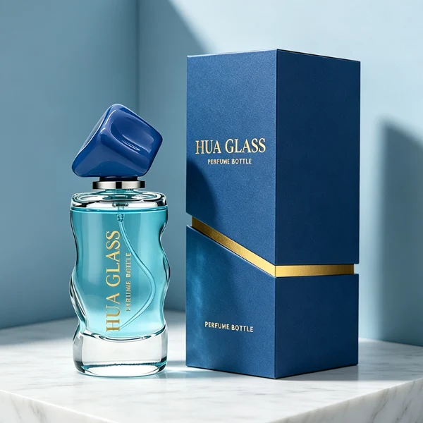 A lineup of four clear glass perfume bottles featuring unique, wave-curved organic sides and heavy transparent bases. The bottles are filled with yellow, pink, light blue, and amber liquids, each topped with an asymmetrical, abstract artistic cap resembling a tumbled stone or distorted cube in glossy mustard yellow, light grey, periwinkle blue, and solid black finishes.
