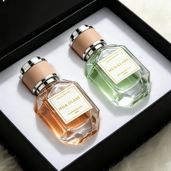 Two multi-faceted, gemstone-shaped clear glass perfume bottles with thick faceted bases, holding peach and light green liquids. Each bottle features a square white label and is topped with a unique cylindrical cap showcasing a matte beige center band paired with polished silver metallic trim.