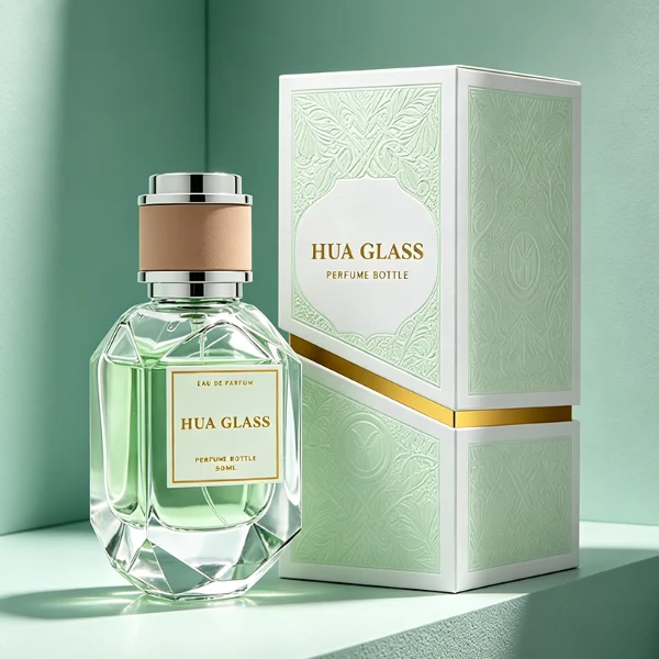 Two multi-faceted, gemstone-shaped clear glass perfume bottles with thick faceted bases, holding peach and light green liquids. Each bottle features a square white label and is topped with a unique cylindrical cap showcasing a matte beige center band paired with polished silver metallic trim.