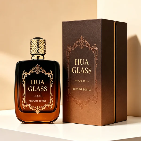 Three flat rectangular perfume bottles with rounded corners are shown in a row. The bottles feature semi-translucent glass bodies in soft grey-blue, delicate pink, and a dark amber-to-black gradient. Each is paired with a cylindrical rose-gold cap detailed with an intricate engraved geometric pattern and capped with a smooth, domed insert on top.