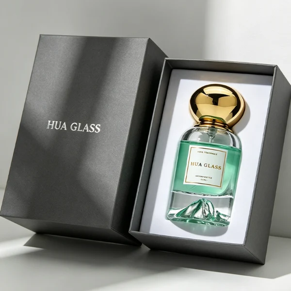 Two cylindrical clear glass perfume bottles filled with amber and light green liquids, featuring a unique, thick base internally sculpted into a mountain peak design. The bottles are paired with smooth, oversized pebble-shaped bulbous caps shown in glossy black and reflective polished gold finishes.