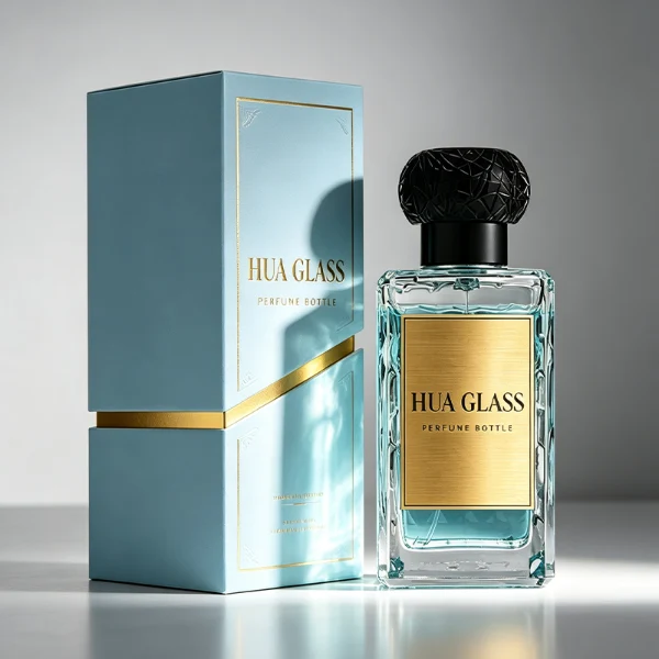 three clear rectangular glass perfume bottles feature deeply textured, diamond-faceted faces and geometric patterned side walls, holding bright blue, pale pink, and deep amber liquids. Each bottle is topped with an ornate, spherical textured ball cap featuring a heavily cracked or webbed aesthetic, shown in matte black, polished silver, and bright gold finishes.