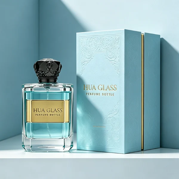 Two flat rectangular clear glass perfume bottles are shown with faceted, angled bottom corners and thick glass bases, holding light blue and amber liquids. Each bottle features a subtle debossed rectangular label panel on the front and is topped with an ornate, heavy Zamac crown-motif cap with a faceted dome, finished in glossy black and polished gold.