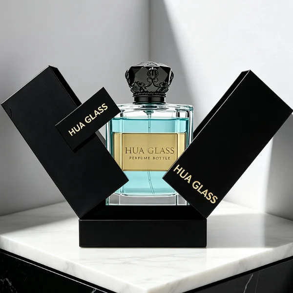 Two flat rectangular clear glass perfume bottles are shown with faceted, angled bottom corners and thick glass bases, holding light blue and amber liquids. Each bottle features a subtle debossed rectangular label panel on the front and is topped with an ornate, heavy Zamac crown-motif cap with a faceted dome, finished in glossy black and polished gold.