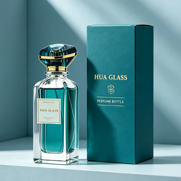 two tall rectangular clear glass perfume bottles with thick bases and curved shoulders are shown holding bright teal and magenta liquids. Each bottle features a white rectangular front label and is topped with an oversized, translucent jewel-shaped cap split by a metallic gold trim band, presented in matching teal and purple colors.