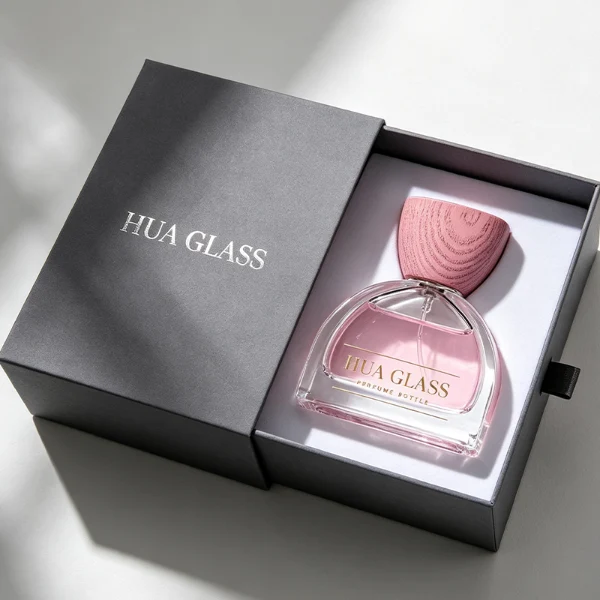 three clear glass perfume bottles feature a distinctive semi-circular arch silhouette with a flat base, holding vibrant orange, soft pink, and bright yellow liquids. Each bottle is topped with an upward-flaring, wide-mouth natural solid wood cap displaying prominent wood-grain textures, finished in stained shades of terracotta orange, dusty rose pink, and mustard yellow.