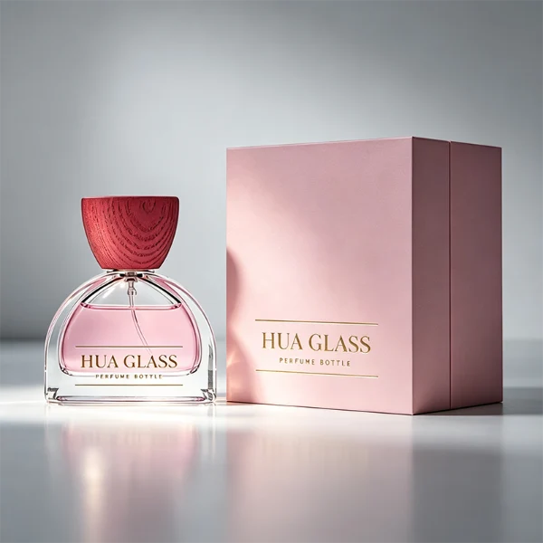 three clear glass perfume bottles feature a distinctive semi-circular arch silhouette with a flat base, holding vibrant orange, soft pink, and bright yellow liquids. Each bottle is topped with an upward-flaring, wide-mouth natural solid wood cap displaying prominent wood-grain textures, finished in stained shades of terracotta orange, dusty rose pink, and mustard yellow.