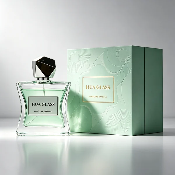 Two clear rectangular glass perfume bottles with a distinctively sculpted waisted design holding amber and light green liquids are shown. Each bottle features a central square white label and is topped with an asymmetrical, irregular multifaceted geometric cap featuring sharp reflective angles, presented in polished gold and high-shine chrome silver finishes.