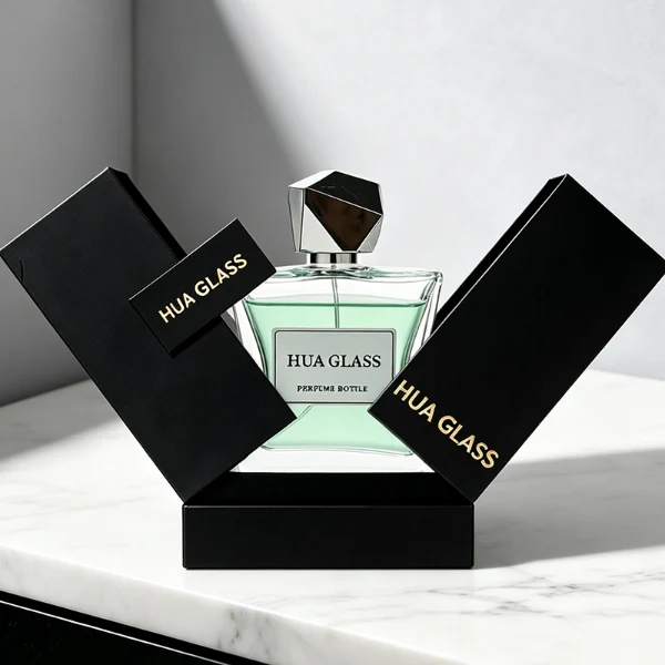 Two clear rectangular glass perfume bottles with a distinctively sculpted waisted design holding amber and light green liquids are shown. Each bottle features a central square white label and is topped with an asymmetrical, irregular multifaceted geometric cap featuring sharp reflective angles, presented in polished gold and high-shine chrome silver finishes.