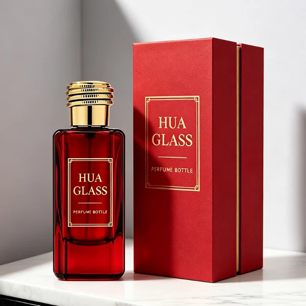 two tall rectangular, thick-bottomed glass perfume bottles are shown standing side by side. One bottle is made of vivid semi-translucent red glass and the other is vibrant semi-translucent green glass. Each bottle features subtly debossed vertical panels along its sides and is topped with a cylindrical cap encircled by a textured, coiling snake pattern—presented in polished gold on the red bottle and polished silver on the green bottle.