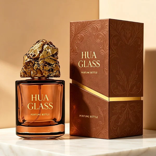 Two amber-brown cylindrical glass perfume bottles are shown in different sizes. The smaller bottle features a rugged charcoal gray natural stone cap, while the larger bottle features a craggy, tan and golden-brown natural rock cap.