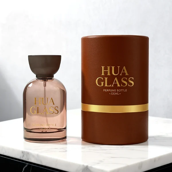 HUA0412 perfume bottle, luxury rounded oval glass bottle with translucent deep multi-color finish in brown, grey, red, or blue, featuring a printed gold logo and a unique glossy black tapered cup-shaped wooden or plastic cap, modern elegant fragrance packaging design available in 30ml, 50ml, and 100ml