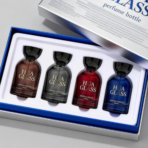 HUA0412 perfume bottle, luxury rounded oval glass bottle with translucent deep multi-color finish in brown, grey, red, or blue, featuring a printed gold logo and a unique glossy black tapered cup-shaped wooden or plastic cap, modern elegant fragrance packaging design available in 30ml, 50ml, and 100ml
