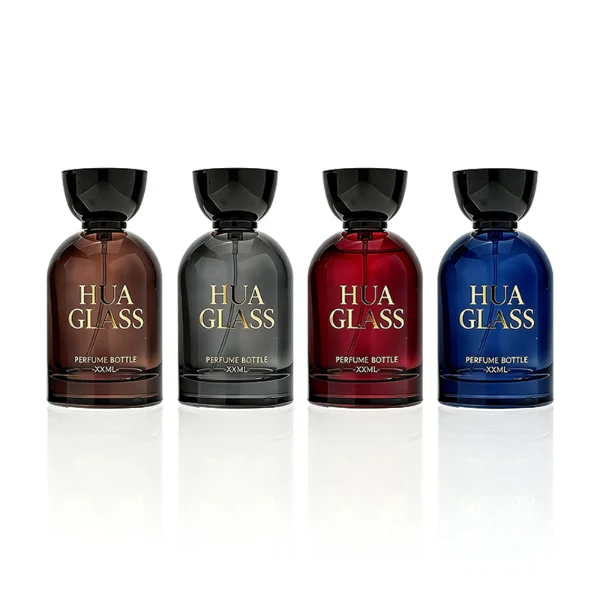 HUA0412 perfume bottle, luxury rounded oval glass bottle with translucent deep multi-color finish in brown, grey, red, or blue, featuring a printed gold logo and a unique glossy black tapered cup-shaped wooden or plastic cap, modern elegant fragrance packaging design available in 30ml, 50ml, and 100ml