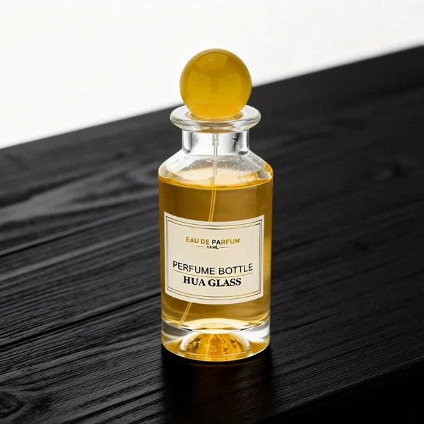 HUA0421 perfume bottle, luxury 130ml apothecary-style cylindrical glass bottle with high-transparency finish and a conical inner dome heavy base showing colored liquid, featuring a gold-bordered square paper label and a matching round ball plastic cap, modern elegant fragrance packaging design
