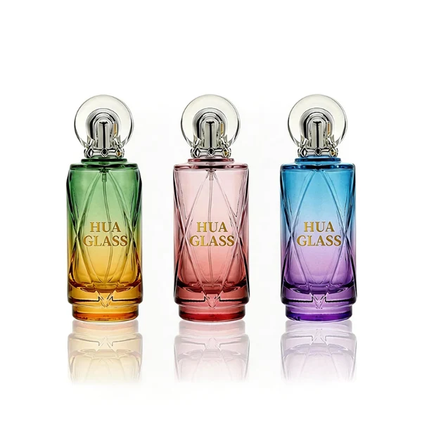 HUA430 Lattice Cylindrical Glass Perfume Bottle Gradient Ombre Packaging with Clear Ring Plastic Cap(1)