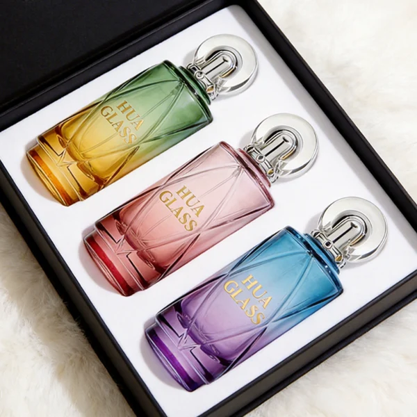 HUA430 Lattice Cylindrical Glass Perfume Bottle Gradient Ombre Packaging with Clear Ring Plastic Cap4 (16)