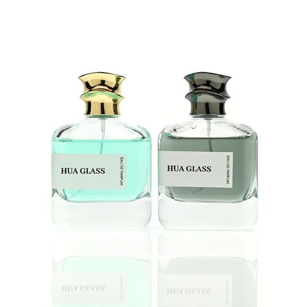 HUA0437 perfume bottle, luxury 100ml heavy-base flat rectangular glass bottle with high-transparency clear finish, featuring a wraparound rectangular paper label and a unique irregular bamboo-joint solid Zamak cap with a mirror-shine glossy metallic finish, modern elegant fragrance packaging design