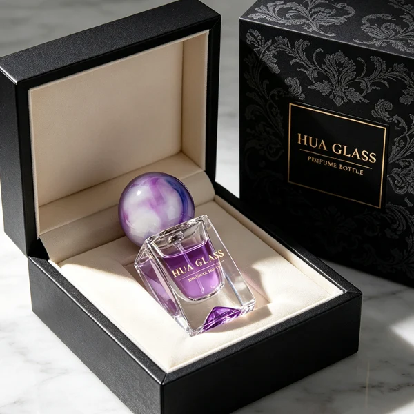 HUA0401 perfume bottle, pear-shaped translucent colored glass body in blue, red, green or black with centered gold brand logo, flat disc plastic cap and matching elongated tapered neck in shiny radiant gold, regal luxury fragrance packaging design in 100ml