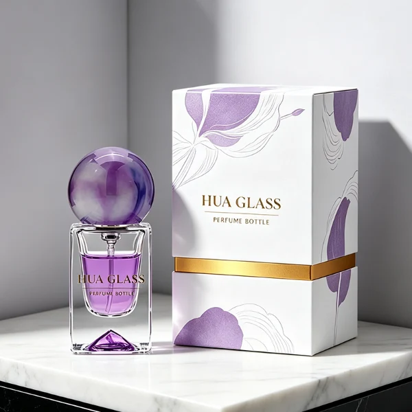 HUA0401 perfume bottle, pear-shaped translucent colored glass body in blue, red, green or black with centered gold brand logo, flat disc plastic cap and matching elongated tapered neck in shiny radiant gold, regal luxury fragrance packaging design in 100ml