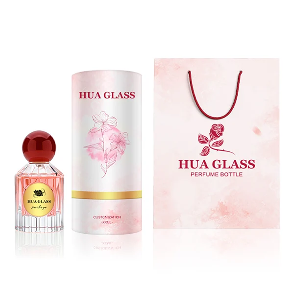 HUA0261 perfume bottle, transparent glass body with radiating cut facets on the upper section and multifaceted cut pattern on the lower section, 50 ml liquid, oversized spherical plastic cap with glossy finish in red or yellow color, gold-tone printed logo label, retro luxury design, ideal for gifting and daily use.